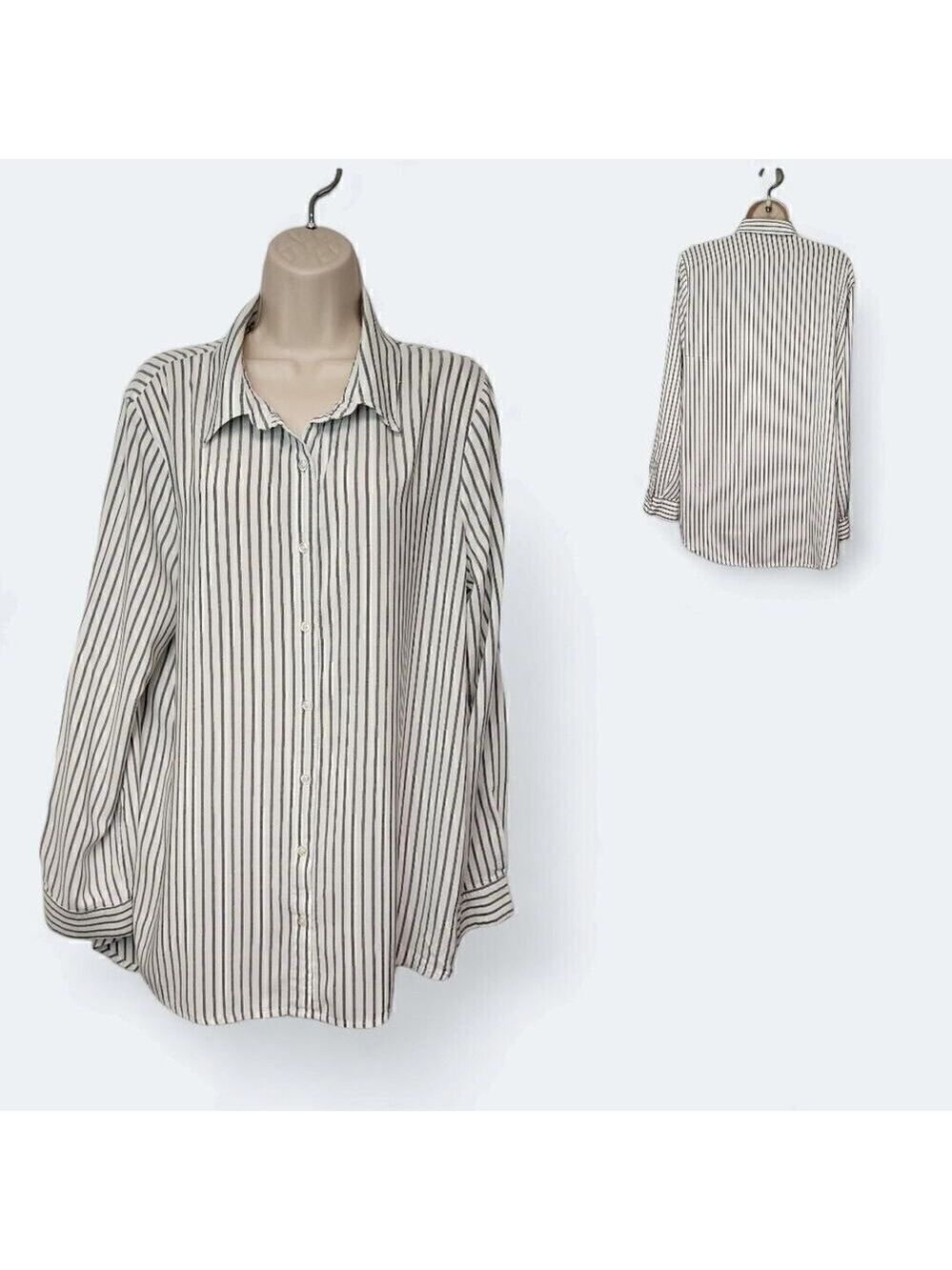 Calvin Klein Striped Blouse Long Sleeve Lo-Hi Button-up Shirt White/Gray XL